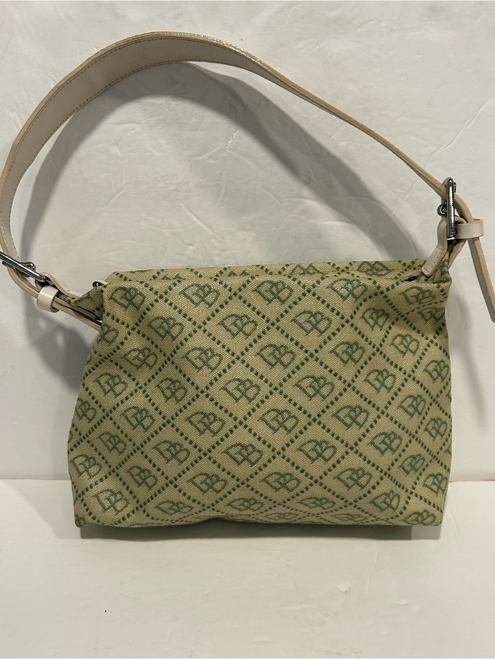 VTG Dooney & Bourke Cream Green Coated Canvas Monogram Leather Strap Purse Y2K